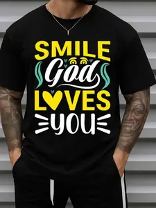Men'S Faith Comfort Colors Smile God Loves You Christian Graphic T-Shirt - 180gsm Heavyweight 100% Black with Colorful Inspirational Message, joyful Face & Hearts Design, Casual Round Neck Short Sleeve Tee for Church, Casual Attire & Easter Gifts
