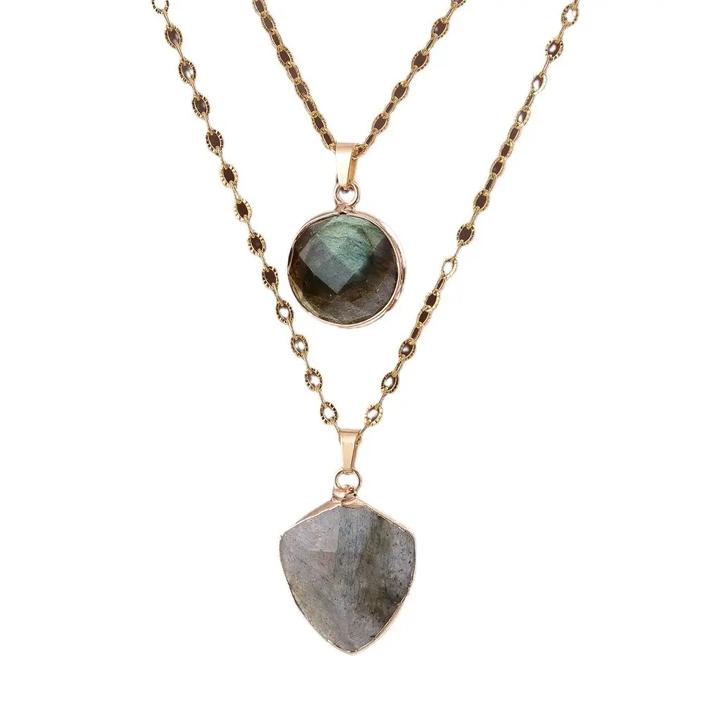 Unisex Ins Style Heart-Shaped Gemstone Fashion Necklace - Double-Layered Titanium Steel Chain with Moonstone or Amethyst Pendants, 51cm-60cm, Love Symbol Daily Wear Necklace for Adults, Heart Shaped Necklace