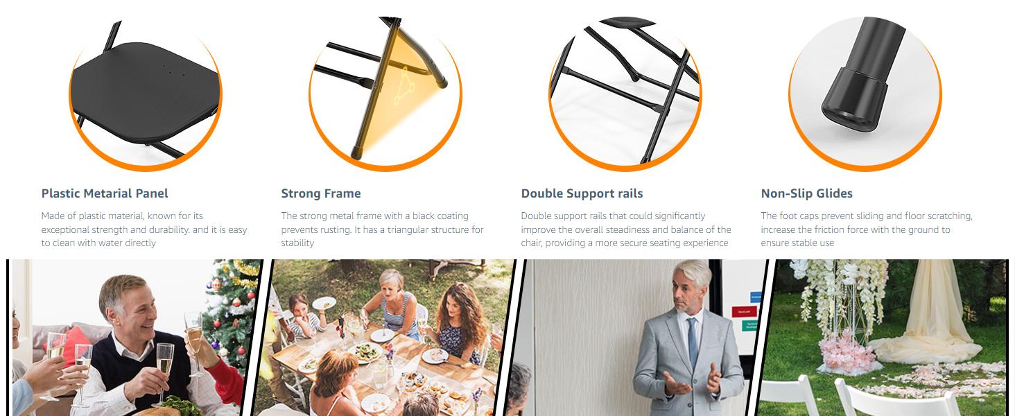 Plastic Folding Chairs, Portable Stackable Commercial Chairs with Steel Frame, 350 lb Capacity Indoor Outdoor Seating for Wedding Party Event Office Dining