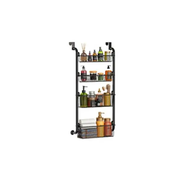 4-Tier Over The Door Pantry Organizer, Behind Door Hanging Spice Rack, Metal Door Pantry Organization and Storage Shelves for Closet, Bathroom, Kitchen Cabinets, Black