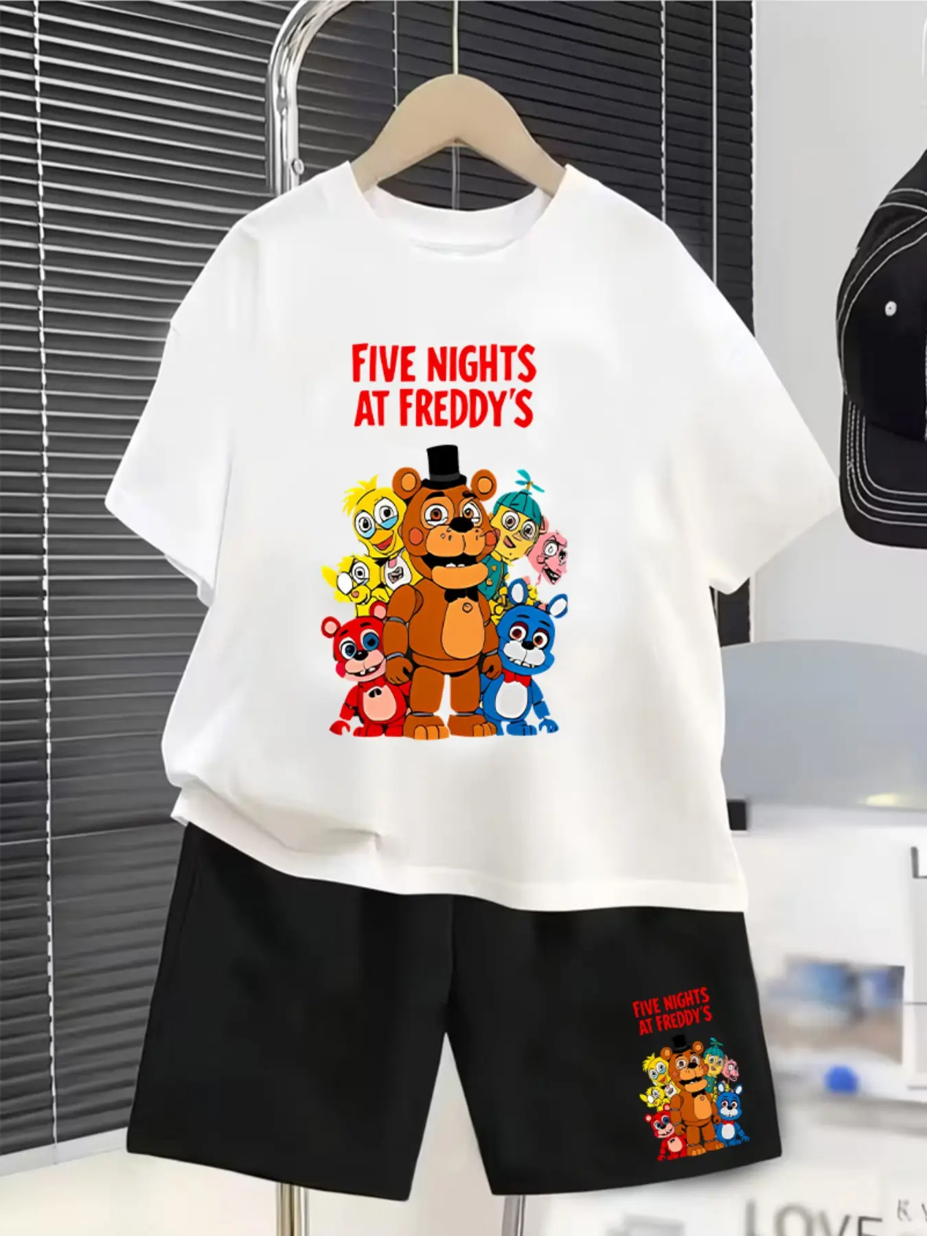 Fnaf Five Nights At Freddy's Cartoon Print Children's Short-Sleeved Set - Clothes Kids Summer Casual Comfortable Fashion Daily Outdoor Versatile T-Shirt Shorts Set, Ideal Gift Choice