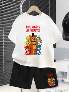 Fnaf Five Nights At Freddy's Cartoon Print Children's Short-Sleeved Set - Summer Casual Comfortable Fashion Daily Outdoor Versatile T-Shirt Shorts Set, Ideal Gift Choice
