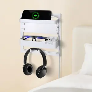 Bedside Wall Organizer Shelf for Bedroom Accessories - Adhesive Bedside Caddy Storage with Cable Clips, Teen Room Decor Essentials