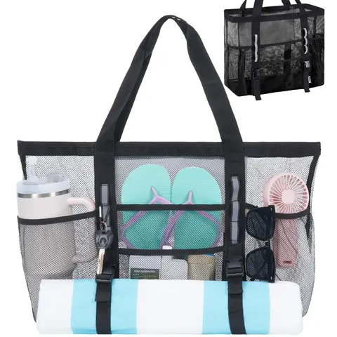 Women's Chic Lightweight Breathable Mesh Beach Tote - 41L High-Capacity Foldable Luggage Accessory, Polyester, Double Handle, 40oz Tumbler Side Pockets, Wet Pocket for Swimwear Separation, Front Straps for Towels/Mats (Cruise Vacations Use)