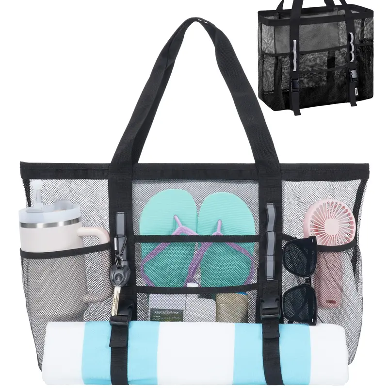 Women's Chic Lightweight Breathable Mesh Beach Tote - 41L High-Capacity Foldable Luggage Accessory, Polyester, Double Handle, 40oz Tumbler Side Pockets, Wet Pocket for Swimwear Separation, Front Straps for Towels/Mats (Cruise Vacations Use)