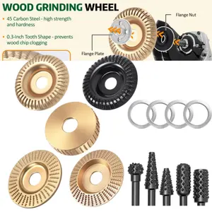14 sets of angle grinder wood carving grinding discs, suitable for 4-inch or 4.5-inch angle grinders for wood grinding wheels, equipped with rotating grinding wheels and 5/8-inch adapter rings, suitable for woodworking cutting, sanding and shaping