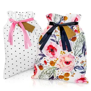 Gather & Knot Drawstring Gift Bags 16" Medium | Premium Canvas Reusable Fabric Wrap for Mother's Day, Weddings,Birthdays | Pink Floral Christmas  gift