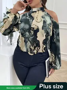 Plus Size All Over Print Cold Shoulder Blouse, Shirts, Elegant Bishop Sleeve Button Cut Out Fitted Long Sleeve Top for Women, Women Plus Clothing for All Seasons