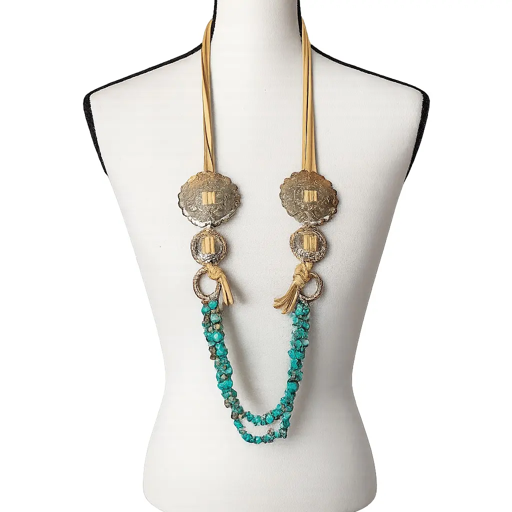 Southwestern Turquoise Concho Statement Necklace | Western Boho Leather Long Necklace | Cowgirl Jewelry