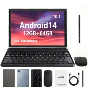 Android 14 10.1-Inch 2-In-1 Tablet, Android Tablets, Octa-Core Processor, ( 4GB+8GB Expandable), 64GB ROM, Dual Cameras, WiFi 6, IPS HD Display, Mouse Keyboard & Stylus, Tablet Pad