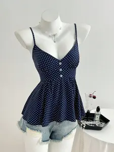 Women's Summer Polka Dot Cami Top, Slim-Fitting V-Neck Backless Sleeveless Design, Button Detail, Casual Fashion Wear, Perfect for Daily