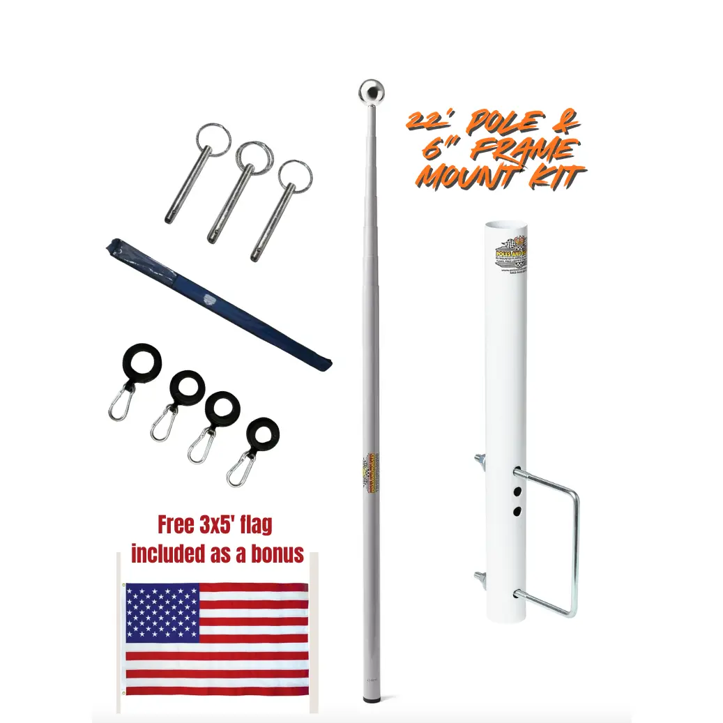 Telescopic 22' Fiberglass Flagpole & 6" Frame Mount Kit