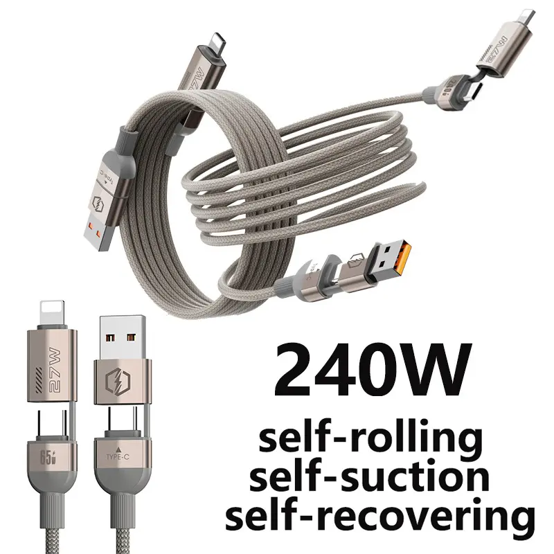 240W 4-in-1 USB-C Magnetic Storage Fast Charging Set - Aluminum Alloy Adapter, 3.3ft Self-Rolling Lightning Data Sync Cable, Multiple Ports, CarPlay/Android Auto Support for Smartphone, Cellphone, Tablet, Digital Electronic Device