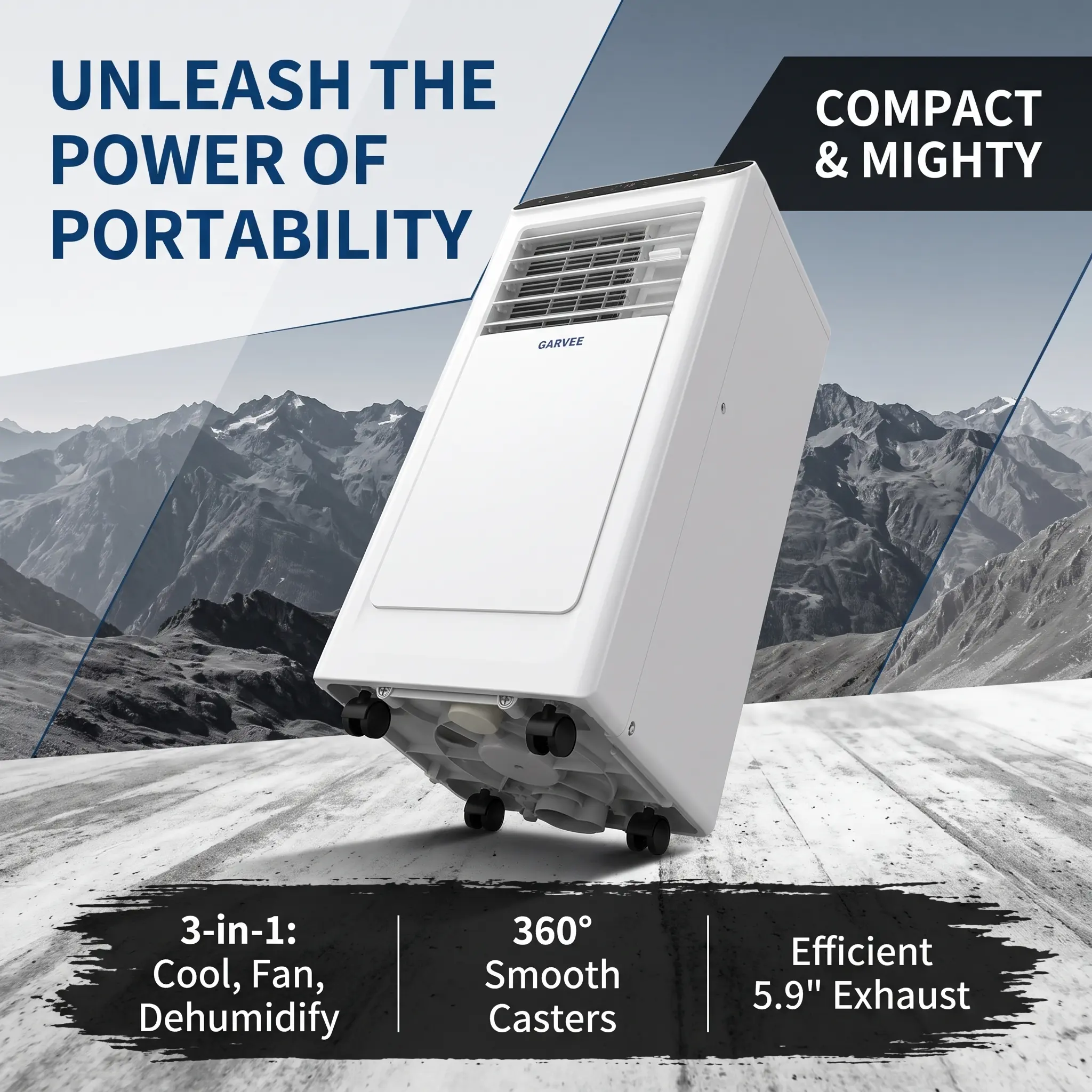 Garvee 8K BTU Portable Air Conditioner, Fast Quiet Cooling 4-in-1 AC Unit, Dehumidifier & Fan Modes, LED Display, Remote Control, 24H Timer, 4-Way Auto Swing, 360° Swivel Wheels, Complete Window Installation Kit for Bedroom, Office & Home