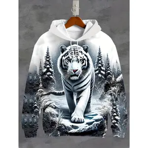 Men's 3D Ice & Snow World White Tiger Graphic Hoodie - Long Sleeve Casual Pullover with Drawstring Pocket, Winter Forest Print Sportswear for Spring & Autumn, Natureinspired Apparel, Detailed Print Quality, Machine Washable Fabric