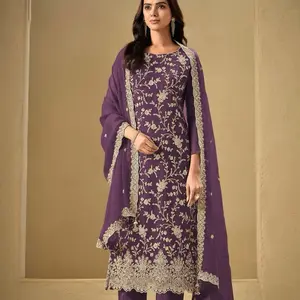 Ready To Wear 3pcs Suit in size 46 Heavy Embroidered Work Chinon Fabric Straight Suit with Palazzo Bottom Sequence Embroidery Jarkhan Diamond Formal Occasions