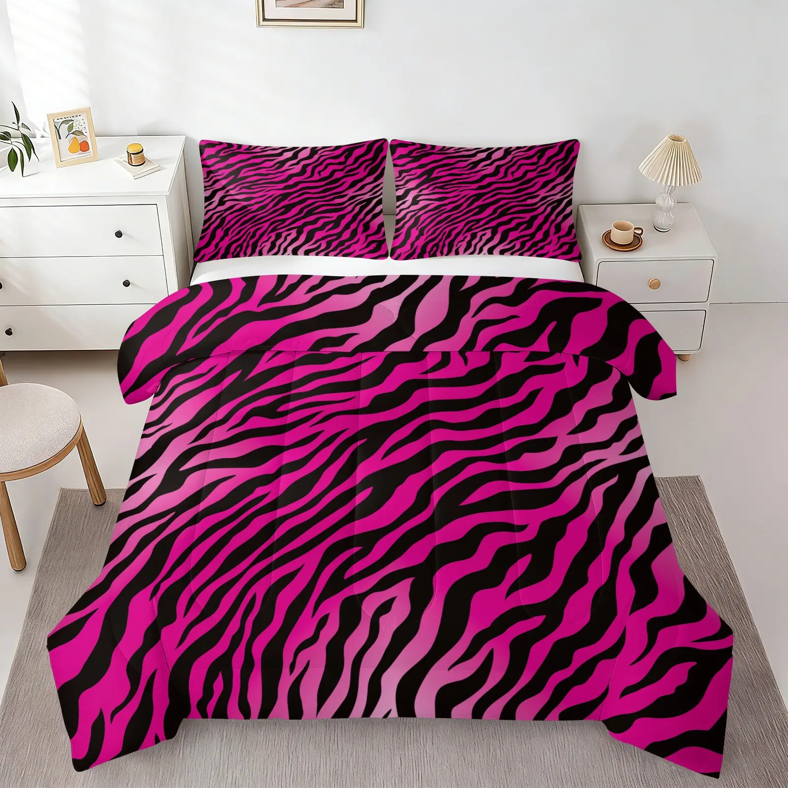 2/3Pcs Zebra Print Comforter Set, Bold Black & Hot Pink Zebra Stripes Quilt Bedding Set with Pillowcases, Vibrant Animal Print, Soft Cozy Bedding for Teens & Girls Bedroom, Trendy Y2K Style Decor, Quilt Sets