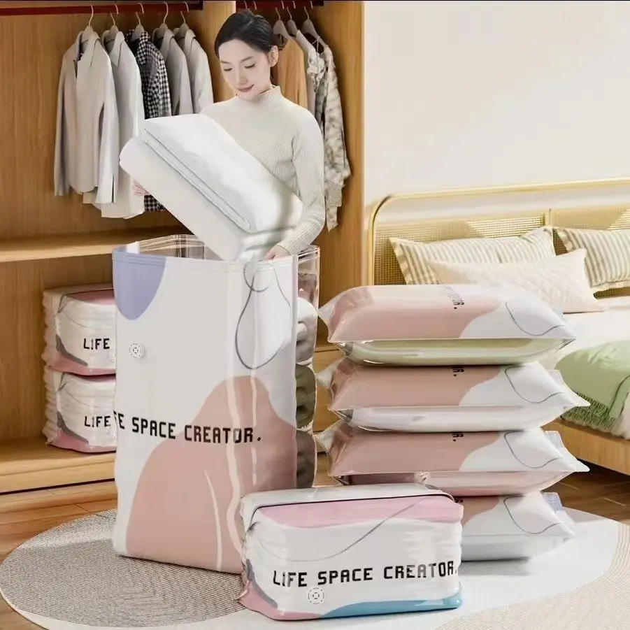 5 Pcs No-Squeeze Pu Material Sealed Compression Bags, Press-To-Compress Space-Saving Zipper Lock Organizers for Suitcases, Luggage, Bedroom Clothes and Duvets