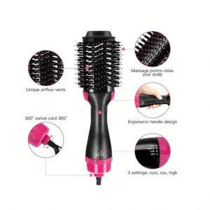 4-in-1 Negative Ion Hot Air Hair Dryer Brush Styler & Volumizer - Electric Straightener, Curler, Comb, 1-Step Shaping, Comfortable Grip, Easy Operation, Black with Red Compression Wave Design for All Hair Types