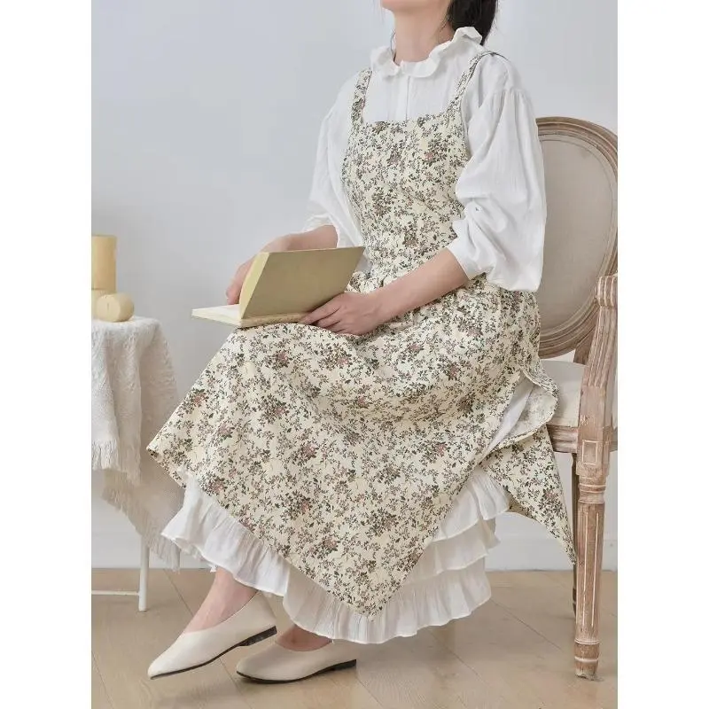 Women's Cotton Waterproof Korean Print Adjustable Extended Apron - Cooking, Baking Use for Artists, with Continuous Front Pocket & Cross-Back Design - Kitchen, Flower Shop, Restaurant Bib Apron, Female, Gift For Homemakers