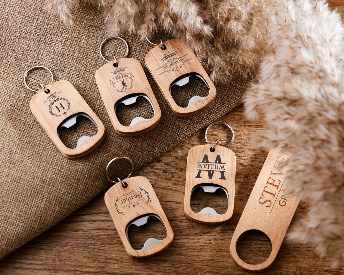 Pack of 50 Pcs Wooden Beer Bottle Opener Keychain Wood and Metal Combo Bottle Opener for Laser Engraving Blanks