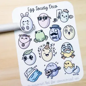 Easter Egg Society Deco Planner Sticker Sheet Cute Kawaii Simple Art Spring Bunny Frog Silly Chick Hatching Eggshell Artist Hippie Musician Dapper Chicken