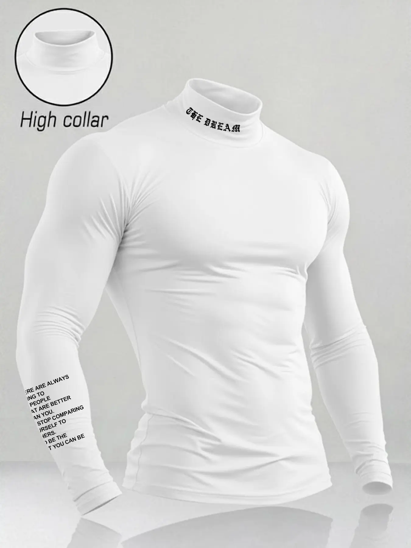 Men's Motivational High Neck Sports Tight Fit T-Shirt, the Dream Slogan, Athleisure Style, Gym Training Running Top, Gym Tees, Casual Sports Tops, Fall & Winter, Fitness Training Top, Fitness Clothes Tops, Fitted Sportswear