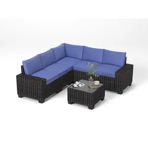 Garvee 6 Pieces Outdoor patio Sectional Furniture PE Rattan Sofa Set, All Weather Wicker Modular Patio Conversation Couch Sets with Coffee Table & Thickened Cushions for Backyard, Poolside, Coffee & Blue