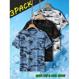 Men’s 3-Pack Camouflage Quick-Dry Short-Sleeve T-Shirts — Summer Ice-Cool Breathable Sports Tops with Cool-Touch Comfort, Crew Neck, Mesh-Breathable Fabric, Lightweight and Non-Clammy