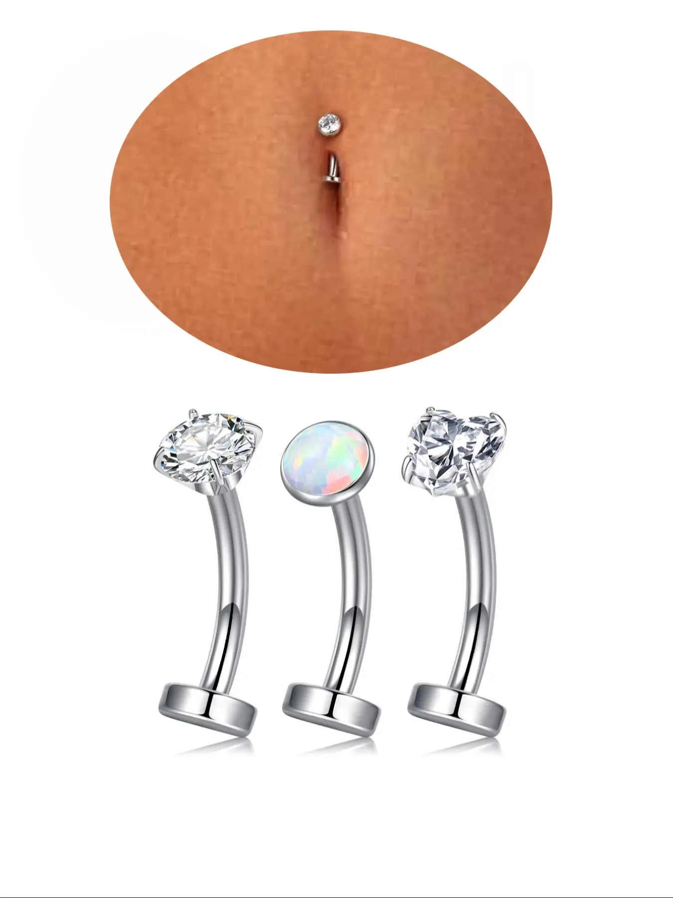 Women's Stainless Steel Belly Ring, Flat Back Navel Piercing Stud, 16g with Guide Tool, Inner Threaded Curved Barbell, Daily Wear Gift, Body Jewelry, Belly Button Ring, Inner Threading, Body Piercings