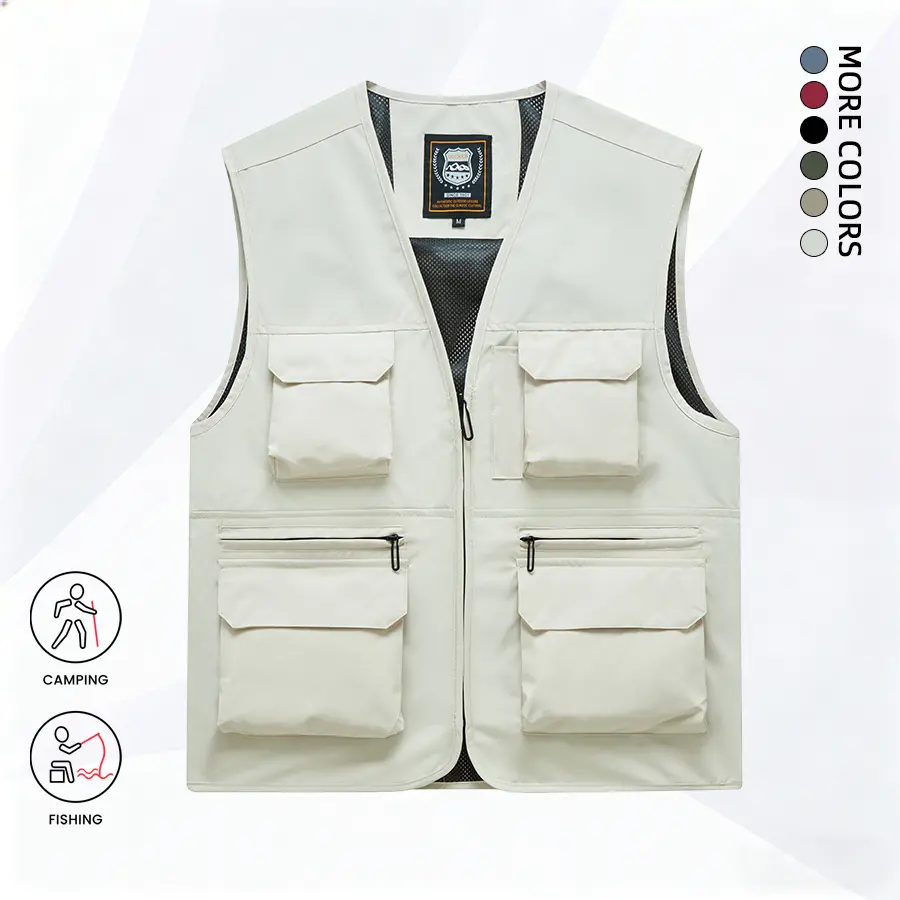 Men's Solid-Color Vest Jacket - Regular Fit Menswear Tops with Zipper, Multi-Pocket Mesh Fabric, Casual Outdoor Fishing Gilet for Daily All-Season Wear, Plain