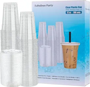 [100 Sets 12 Oz Plastic Cups with Lids, PET Crystal Clear Cups with Slotted Flat Lids, Popular Iced Coffee Cups with lid – Never Break & Keep Clean, 12oz Disposable Cup with Cover