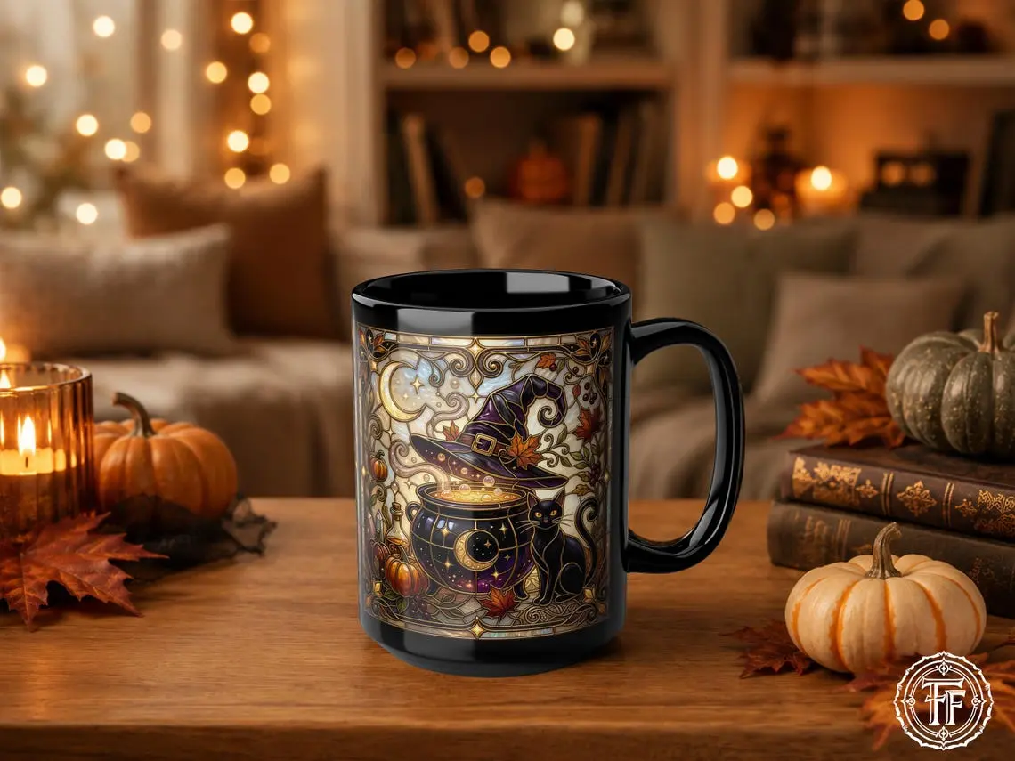 Witchy Cauldron Black Cat Faux Stained Glass Style Mug, Halloween 11Oz 15Oz Coffee Cup, Fall Witch, Spooky Autumn Ceramic Mug Gift, Tea Cup