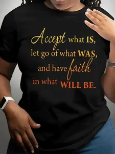 ‘Accept, Let Go, Have Faith’ Graphic Tee - Motivational Quote in Color-Blocked Typography for Street Style (Black & White),Casual short-sleeved T-shirt, regular length T-shirt, basic layering, loose-fitting and comfortable fit.
