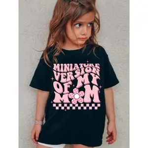 Girls' "Miniature Version of My Mom" Graphic T-Shirt, 100% Cotton Comfortable Fitted Short-Sleeve Round Neck Top, Pink & White Checkered Design Breathable Black Casual Summer Tshirt