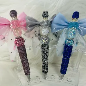 Fancy Bling Bow Beaded Refillable DIY pens with Sparkling Gemstones and Colorful Bows for Creative Writing