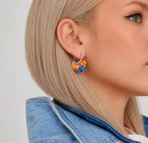 Murano Style Summer Glass Hoop Earrings for Women Trendy - Fun Earrings Floral Colorful Flower Statement Hoops, Stainless Steel Everyday Jewelry Teacher Birthday Gifts 11.6g Ear Hook Design
