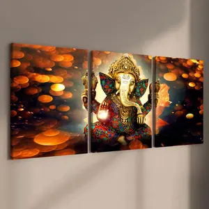 3 Counts Wooden Framed Canvas, Gorgeous Ganesha Poster, Fashion Artistic Living Room Decoration, Modern Art, Artwork, Perfect Home Poster, Wall Art Murals, Apartment Dormitory, High Definition, Waterproof, Art