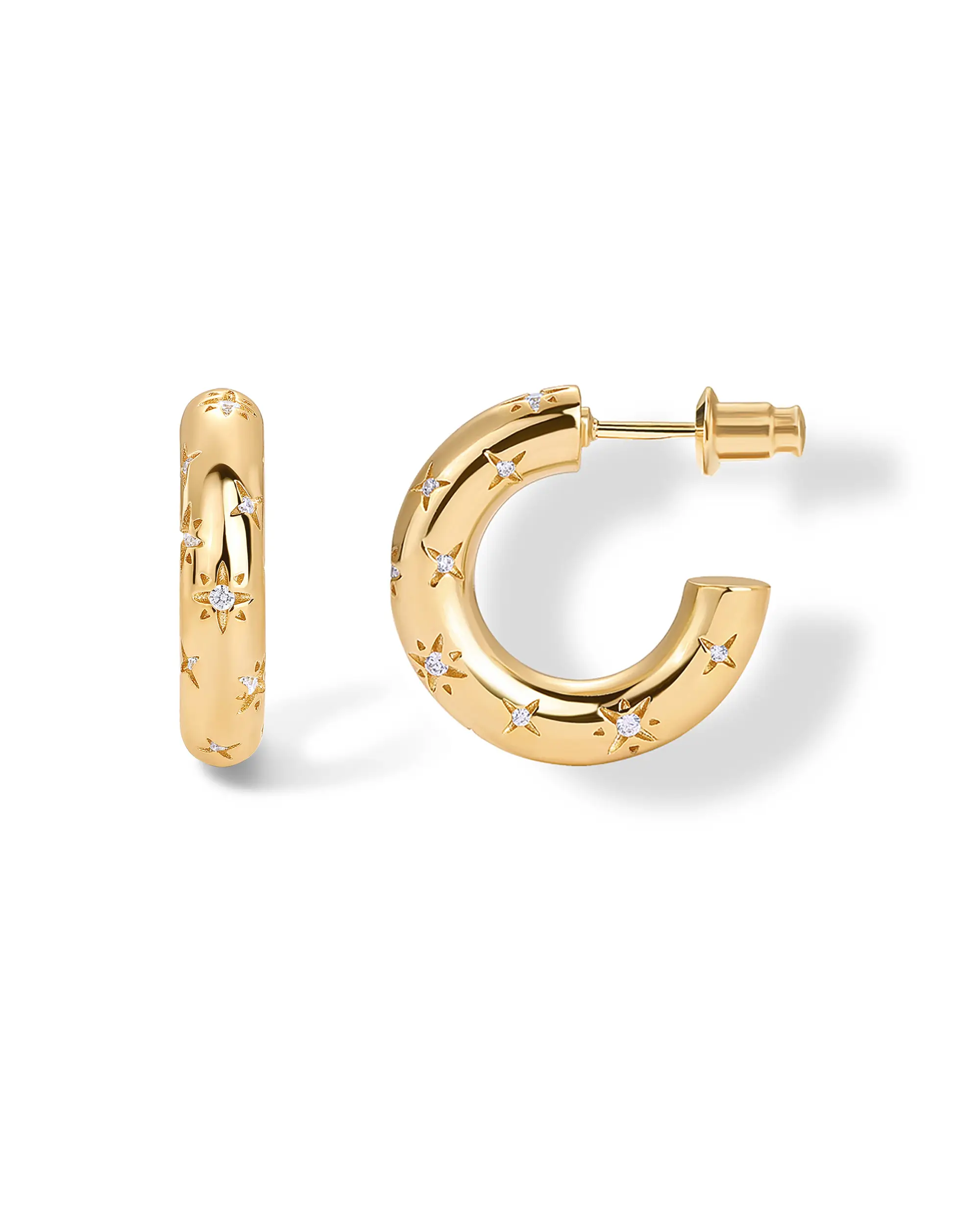 PAVOI 14K Gold Plated Star Shine Hoop Earrings for Women - Cubic Zirconia Celestial Chunky Hoops Earrings