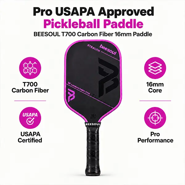 BEESOUL Stealth Purple, T700 Carbon Fiber Pickleball Paddle - Purple, 16mm Thick, USAPA Approved, for Sports & Outdoor Activities