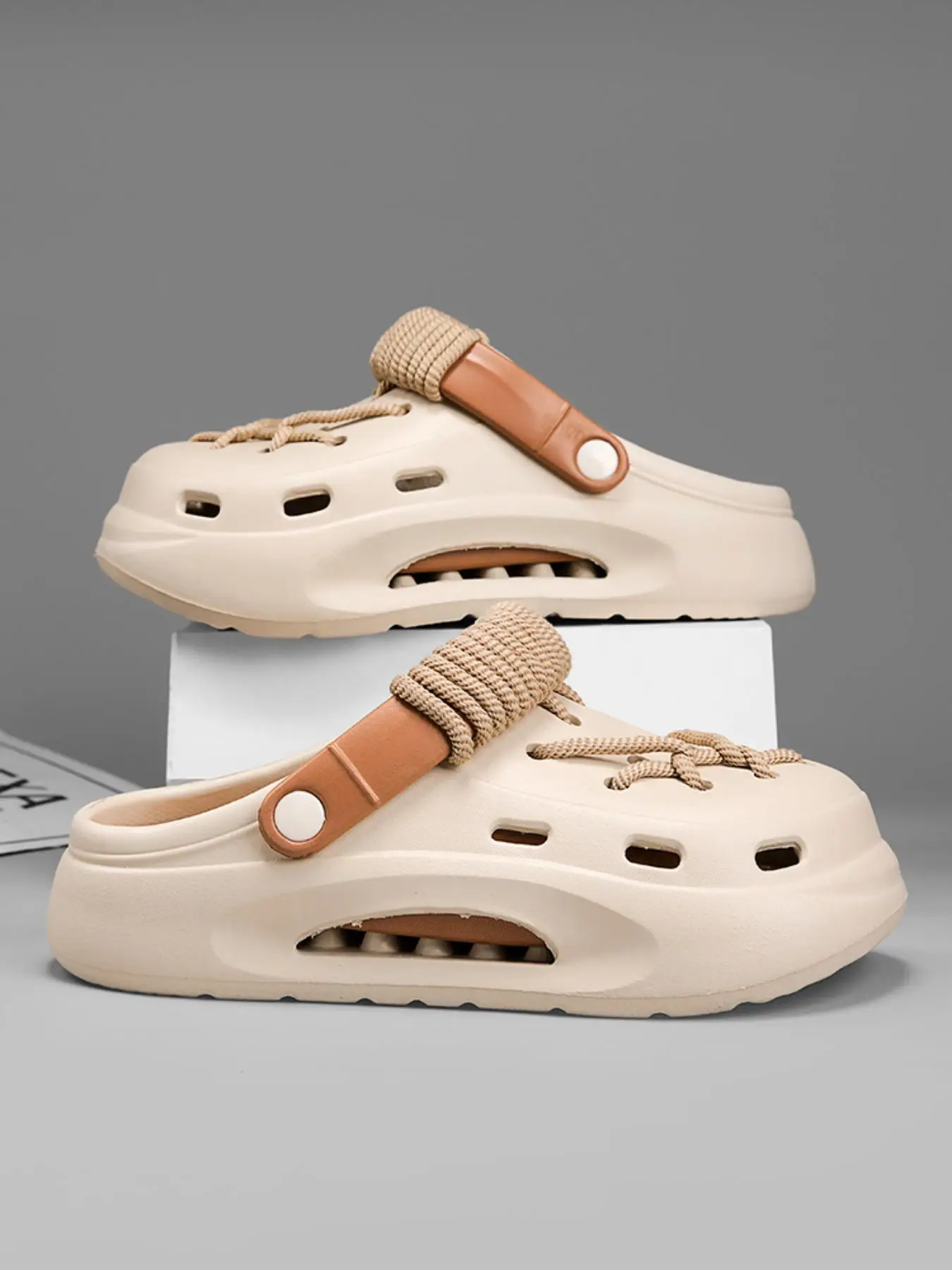 Unisex Minimalist Plain Color Clogs, Boho Style Beach Sandals with Adjustable Lace-up, Lightweight Comfortable Trending Flat Summer Slippers Shoes for