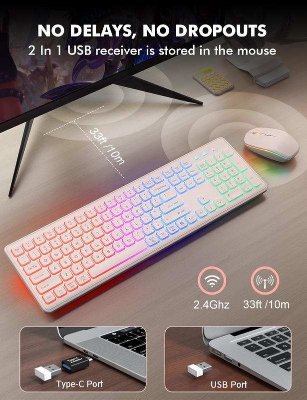 Wireless Keyboard and Mouse Combo - RGB Backlit, Rechargeable & Light Up Letters, Full-Size, Ergonomic Tilt Angle, Sleep Mode, 2.4GHz Quiet Keyboard Mouse for Mac, Windows, Laptop, PC