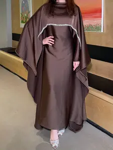 TWO-PIECE Elegant Satin Cape Dress, Occasion Abaya, Modest Pearl & Crystal Embellished, Perfect for Special Events, Stylish and Comfortable