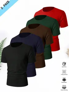 5 Pieces Men's Ultra-Light Short Sleeve T-Shirt , Athletic T Shirt, Quick-Dry Breathable Fabric, Casual Fitted Long Top, Perfect for Sports All Seasons