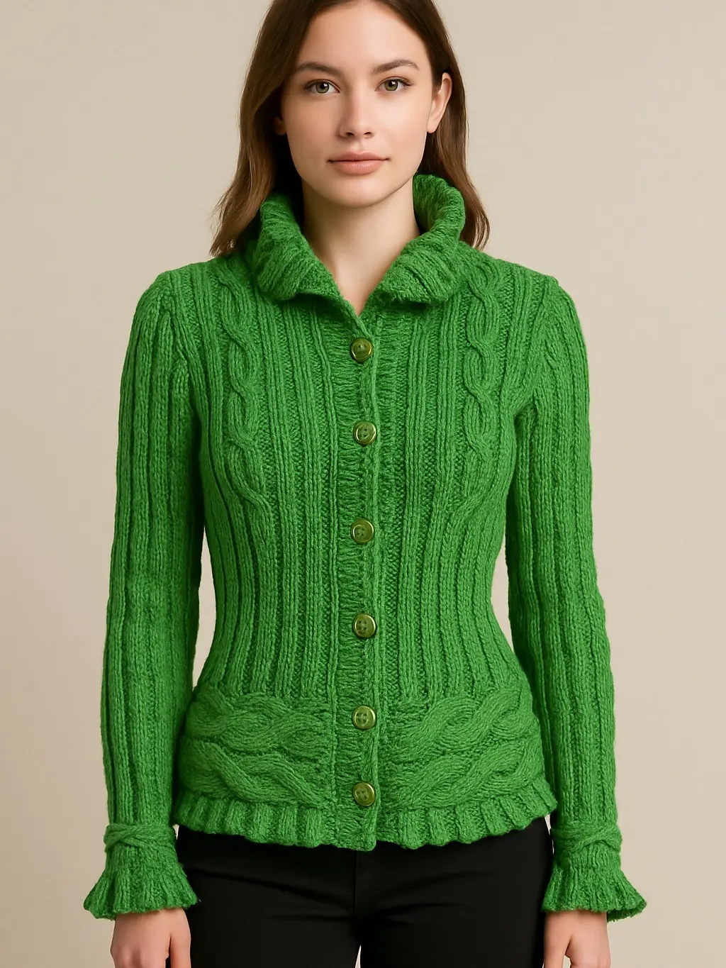 Denise's Knits Women's Fitted Collared Longsleeves Cardigan - Green Minimalist Rib-Triple Cable Design, Comfortable Stylish Winter Casual Knit Top