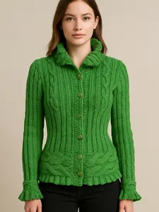 Mirror Womenswear Collared Minimalist Rib and Cable Cardigan Green Long Sleeve Fitted Knitwear for Women Triple Cable Design Comfortable Stylish Winter Top Casual Piece Fabric Basic Hand-Knitted Cardigan