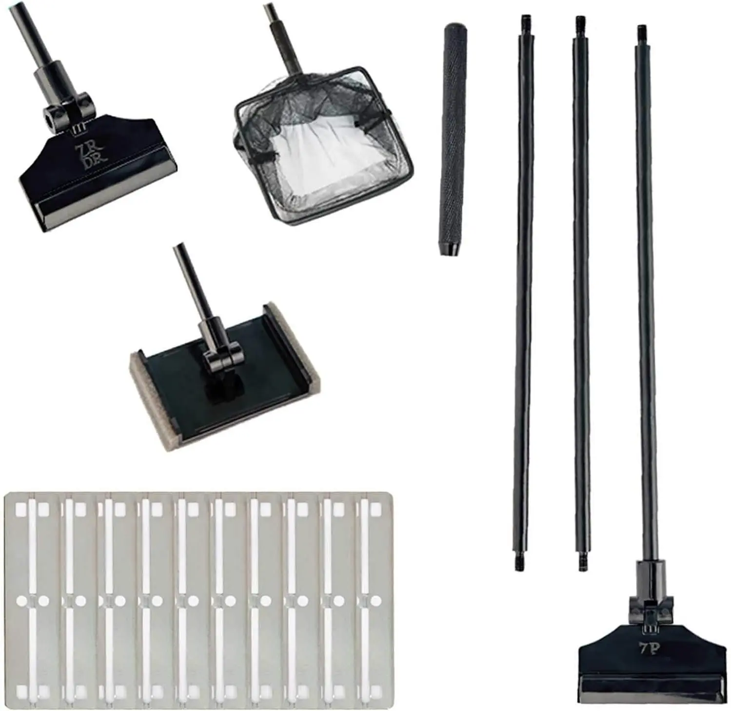 Stainless Steel Algae Scraper Aquarium Cleaning Tool for Glass Aquariums, Including Algae Scraper, Sponge Pad, Fish Net, Cleaning Brush, Adjustable Length, Durable, Does Not Hurt The Fish Tank