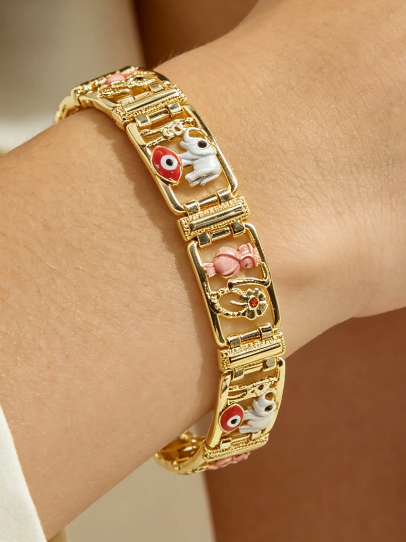 Vintage 14k Gold Plated Enamel Turkish Evil Eye Elephant Bracelet, Beautiful Bracelets, Fashion Bracelets, Unisex Daily Wear, Lucky Charm, Halloween Party Gift, Fashion Wrist Jewelry, Bracelet Design
