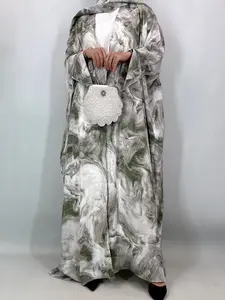 [Includes Hijab] Women's Artistic Ink Print Batwing Sleeve Long Robe Coat Set, Loose-Fitting Vacation Style Outerwear with Pockets, All Season Wear