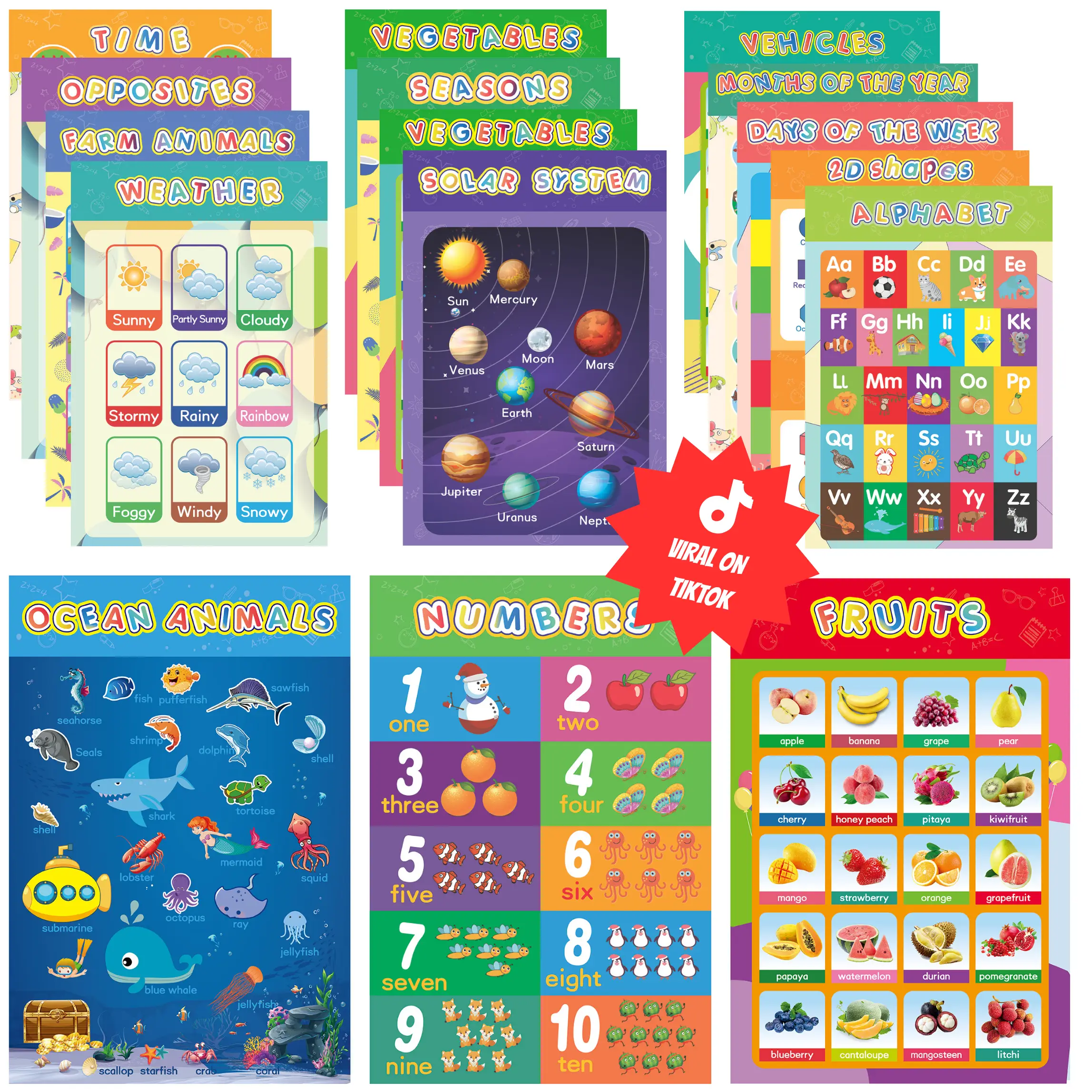 16 Educational Posters for Classroom & Kindergarten - Laminated PreK Learning Charts - ABC Alphabet, Shapes, Colors, Weather, Days of the Week - 11x16